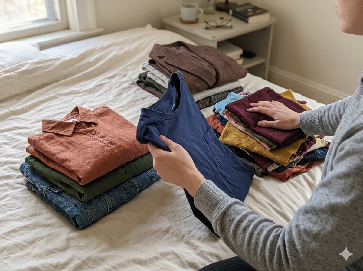 Persona che smista pile di vestiti piegati sul letto, con capi di vari colori