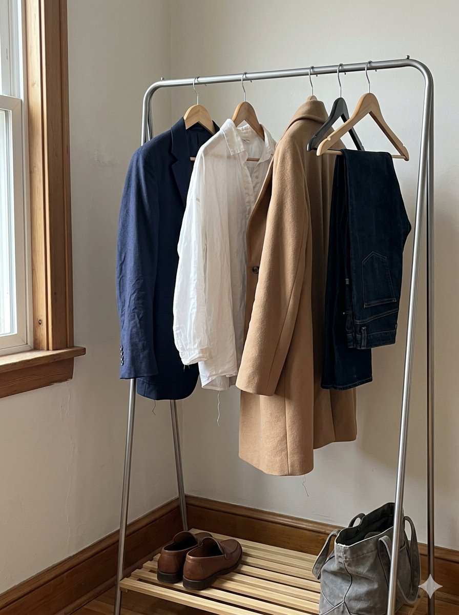 Appendiabiti con una selezione minimalista: giacca blu navy, camicia bianca, cappotto cammello e pantaloni scuri