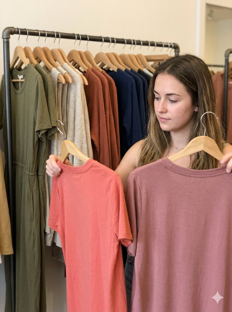 Donna che confronta capi di abbigliamento in base alla propria palette armocromica