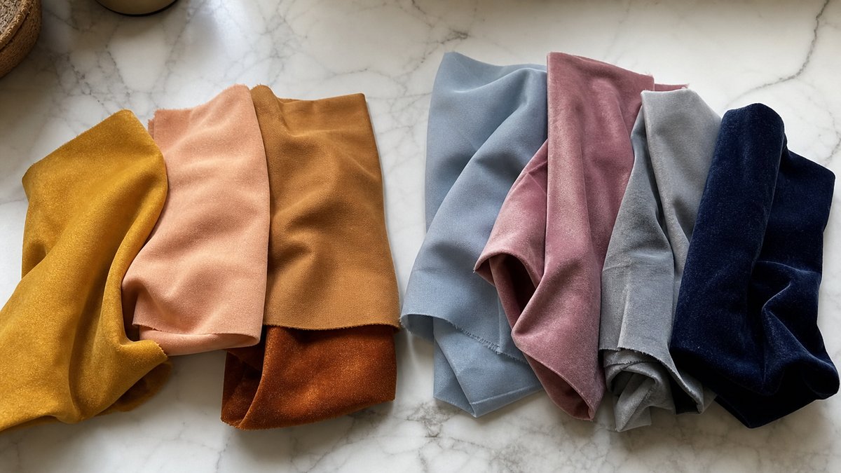 Due gruppi di tessuti su marmo: toni caldi (ocra, salmone, ruggine) a sinistra e toni freddi (azzurro, rosa cipria, grigio, blu navy) a destra