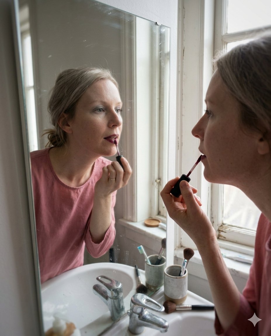 Donna che applica un rossetto scuro davanti allo specchio del bagno