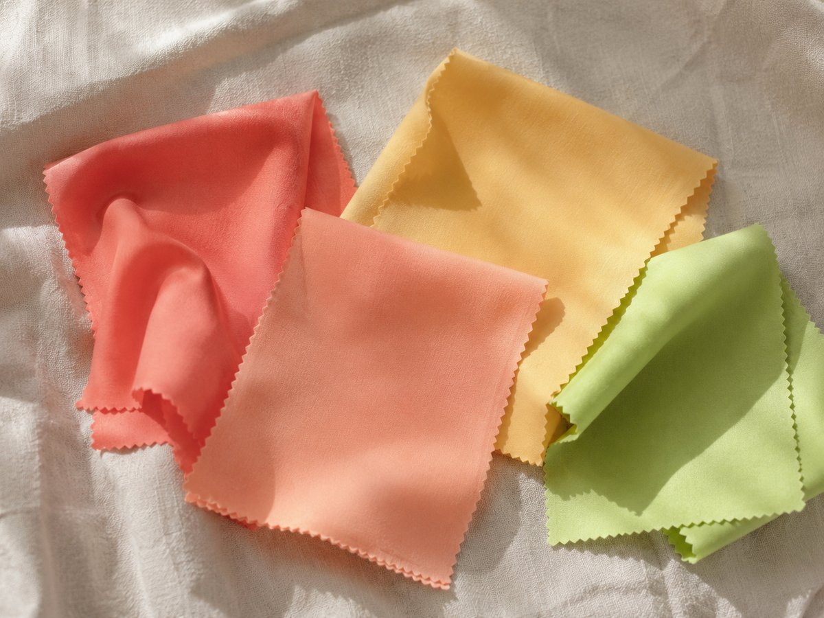 Quattro campioni di tessuto nei colori caldi della primavera: corallo, salmone, giallo pallido e verde lime