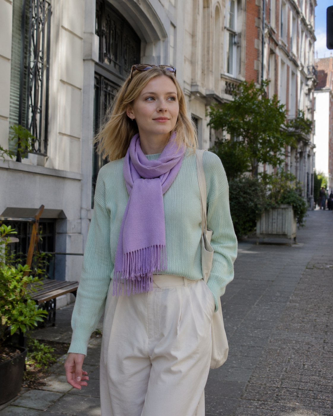 Donna con maglione verde menta e sciarpa lilla in una strada, pantaloni crema, outfit primavera chiara