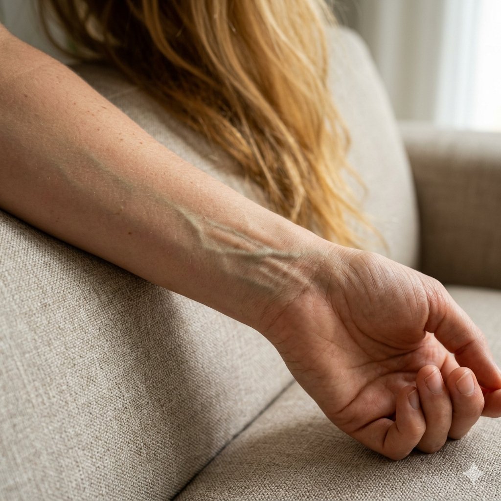 Primo piano dell'interno di un polso con vene dai riflessi verdastri, indicatore di sottotono caldo