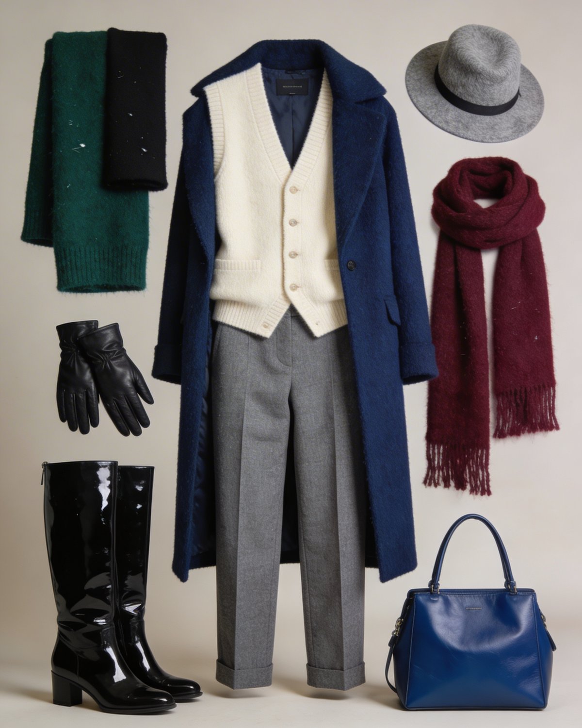 Outfit completo Inverno Freddo: cappotto blu navy, gilet crema, pantaloni grigi, stivali, berretto, sciarpe bordeaux e verde
