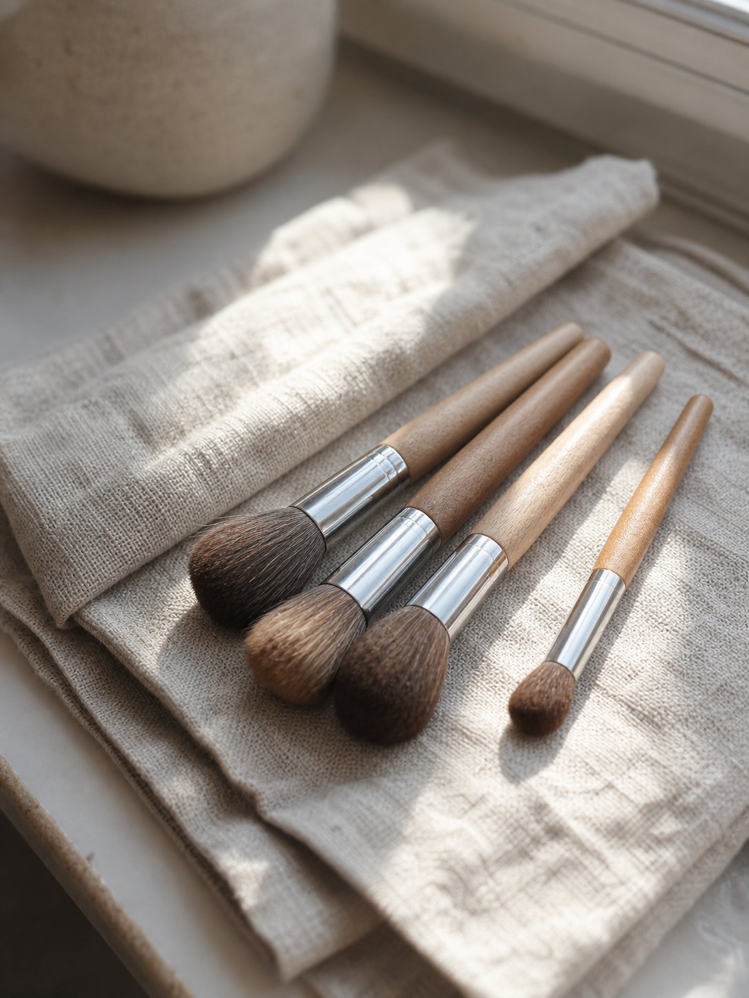 Pennelli da trucco in legno con setole naturali appoggiati su un tessuto di lino alla luce naturale