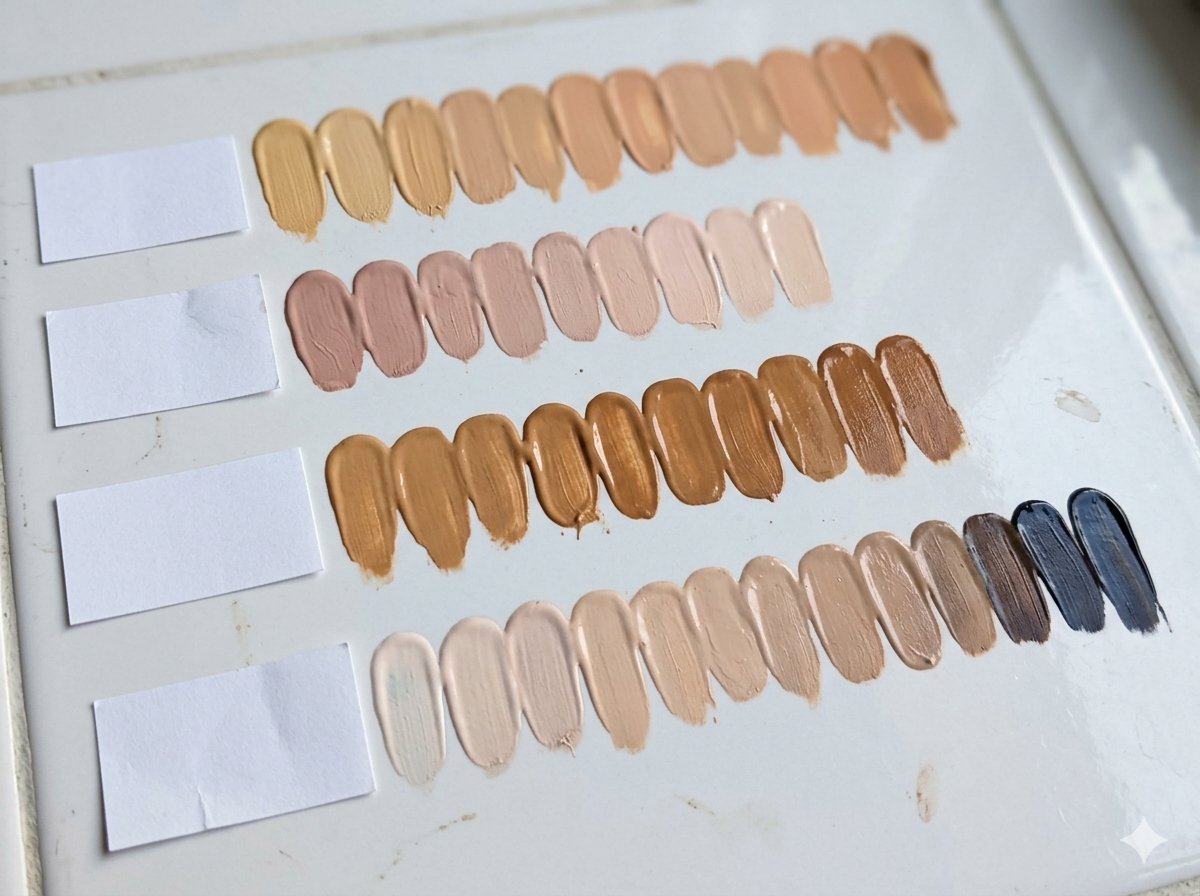 Cartella colori di fondotinta organizzata per stagione armocromica con sottotoni caldi e freddi