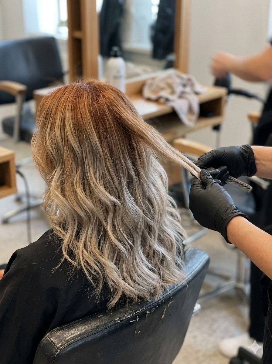 Confronto prima e dopo la correzione di un balayage aranciato verso un biondo cenere armonioso mediante predecolorazione e neutralizzazione professionale