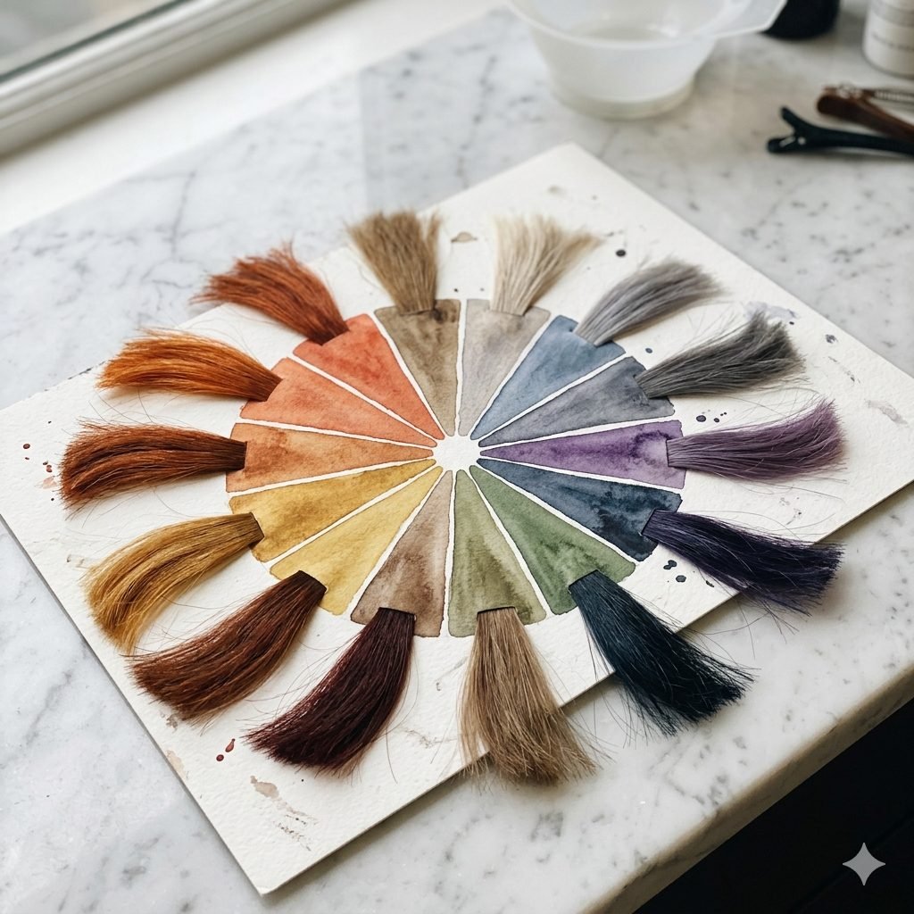 Cerchio cromatico per parrucchieri con colori primari, secondari e coppie complementari utilizzate per neutralizzare i riflessi indesiderati nella colorazione capillare