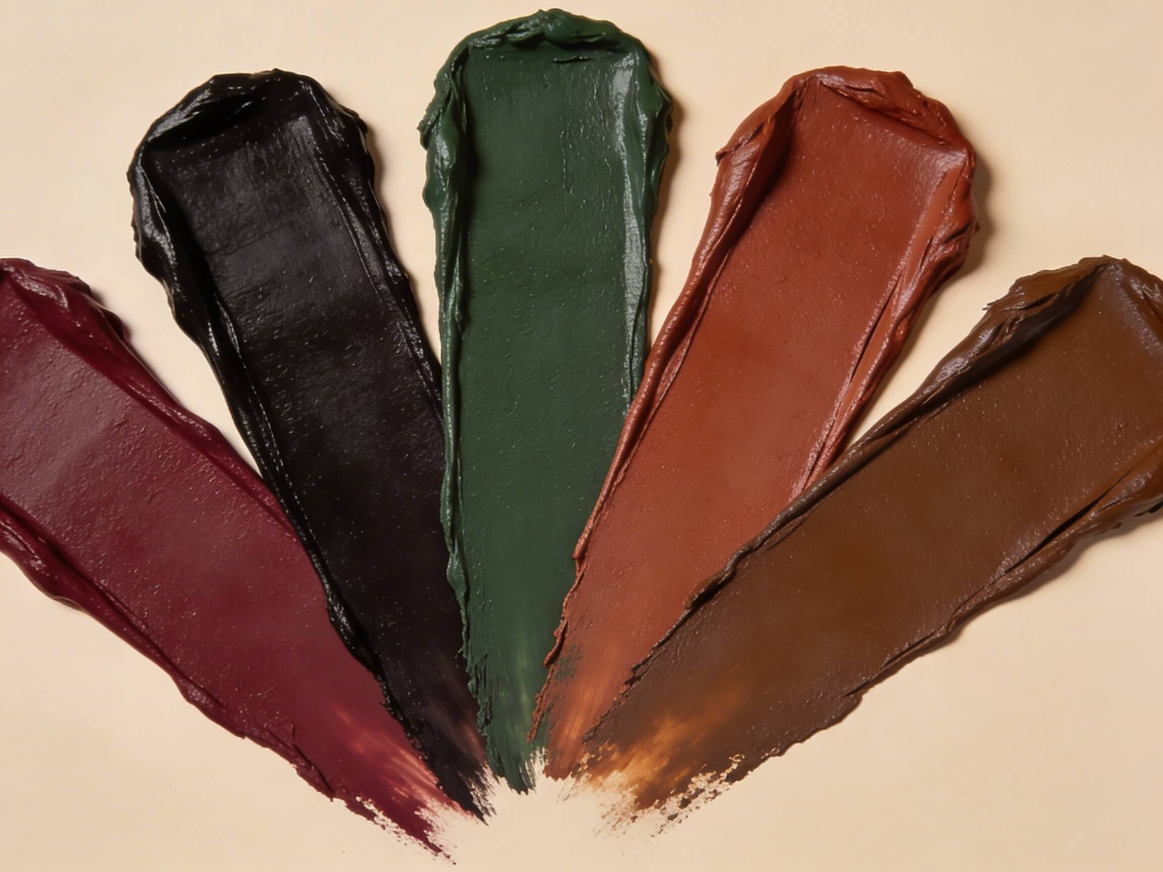 Palette Autunno Profondo: campioni di bordeaux intenso, cioccolato nero, verde foresta, rame profondo, cammello scuro