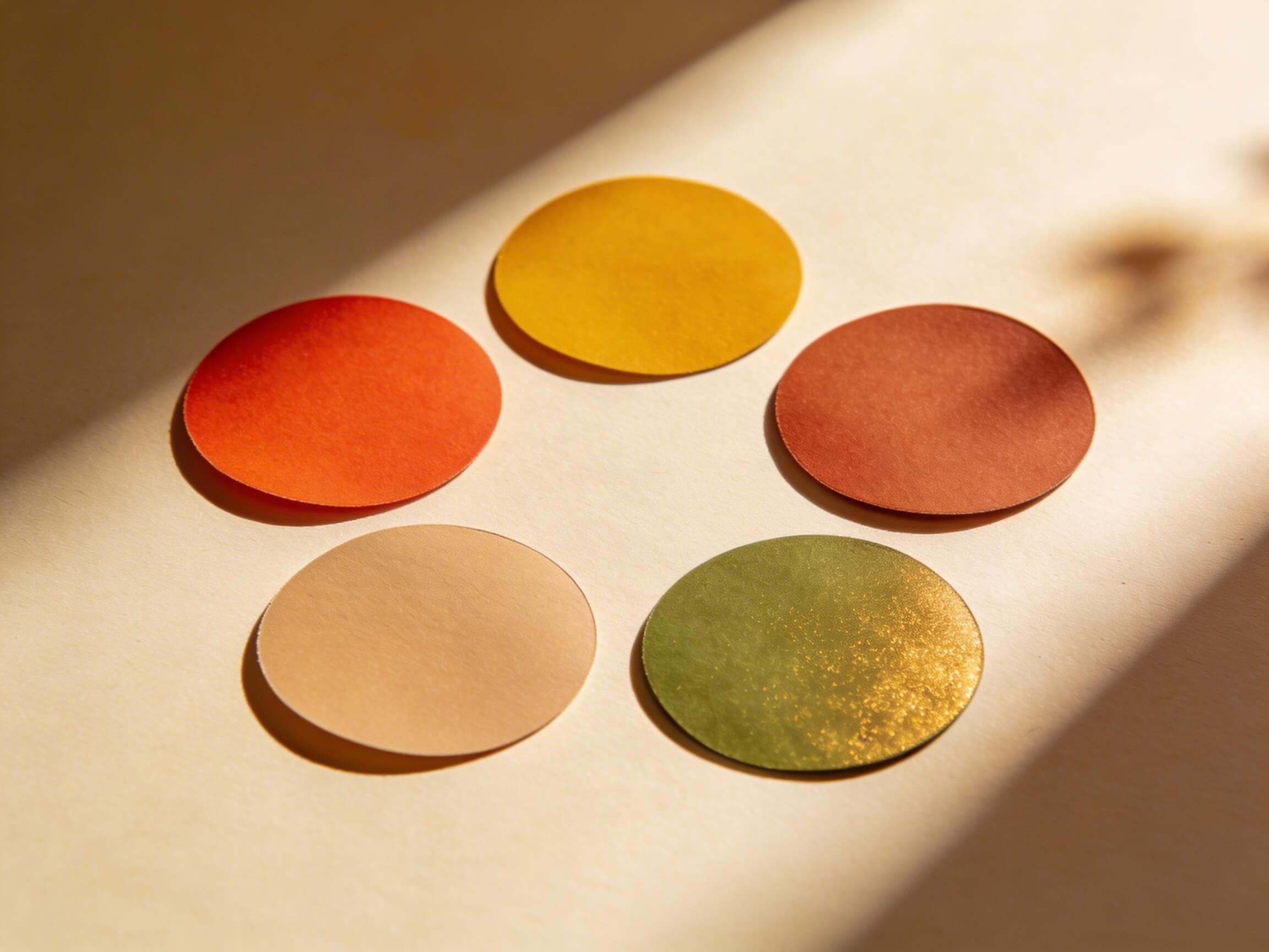 Palette Autunno Caldo: campioni di corallo vivace, senape, terracotta, cammello chiaro, verde oliva dorato