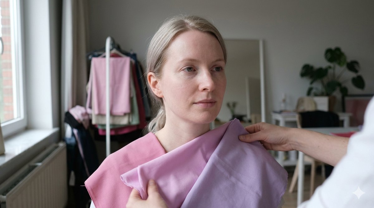 Test di draping con tessuto rosa appoggiato sulla spalla di una donna per osservare l'effetto sul colorito