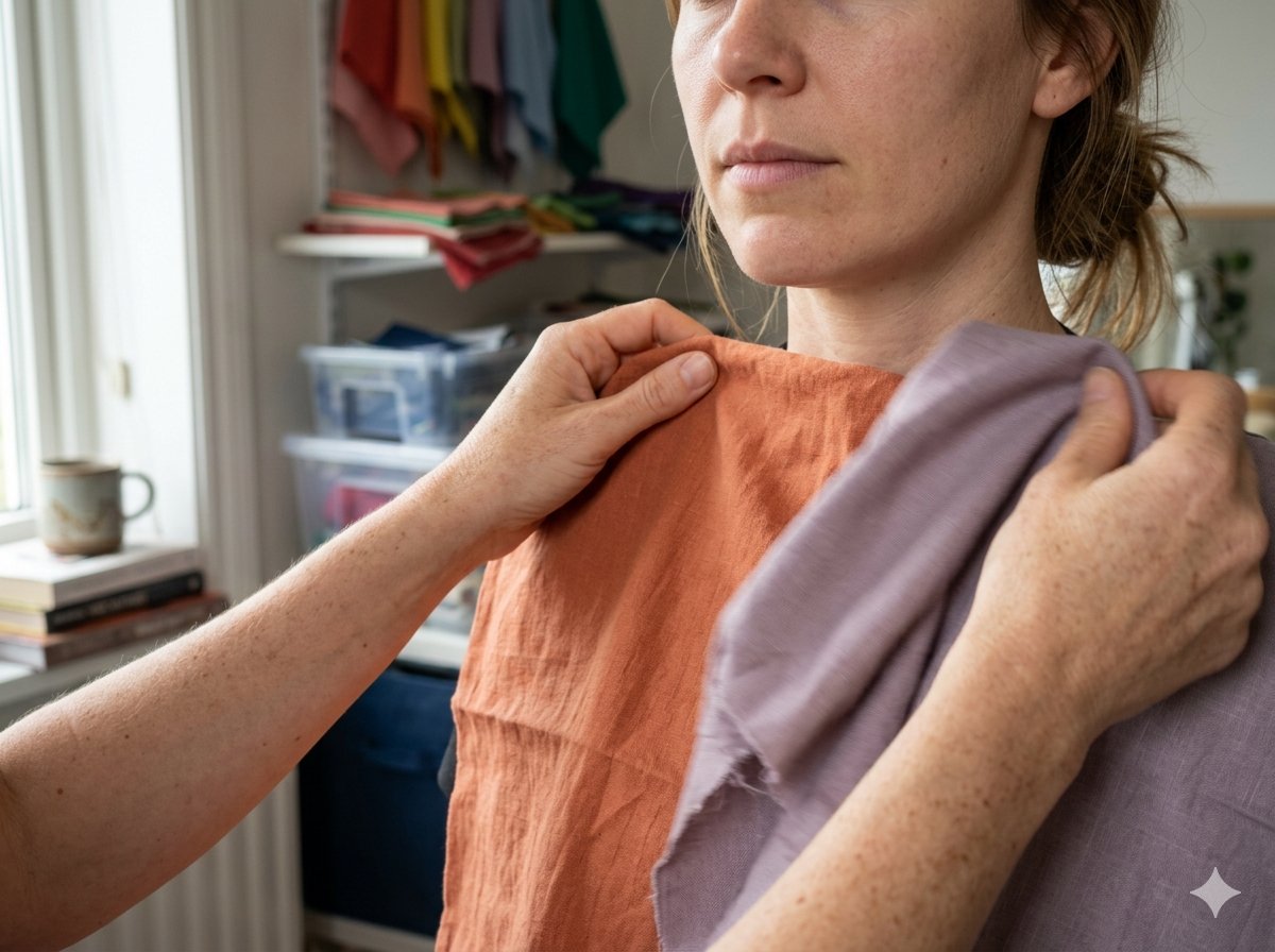 Mani che appoggiano un tessuto sulla spalla di una donna durante un test di draping armocromico