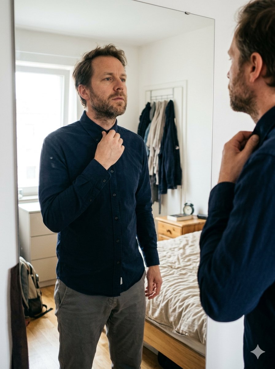 Uomo con camicia blu navy che sistema il colletto davanti allo specchio