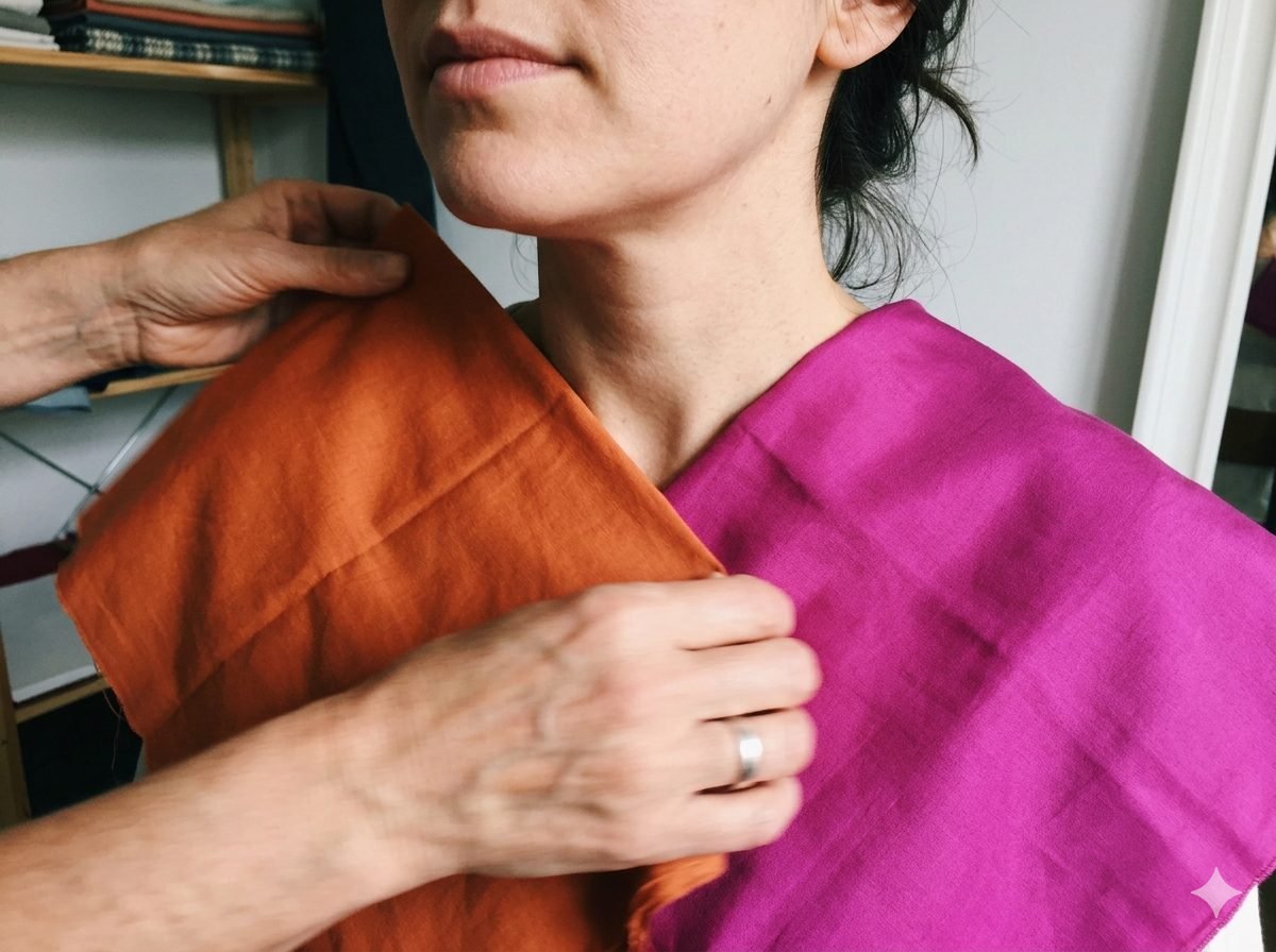 Seduta di armocromia con draping colorati sotto il viso di una cliente in Italia