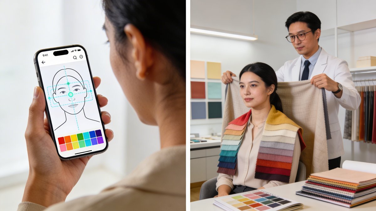 Infografica che confronta l'affidabilità di un test armocromia IA (70-80 %) versus un'analisi professionale con draping