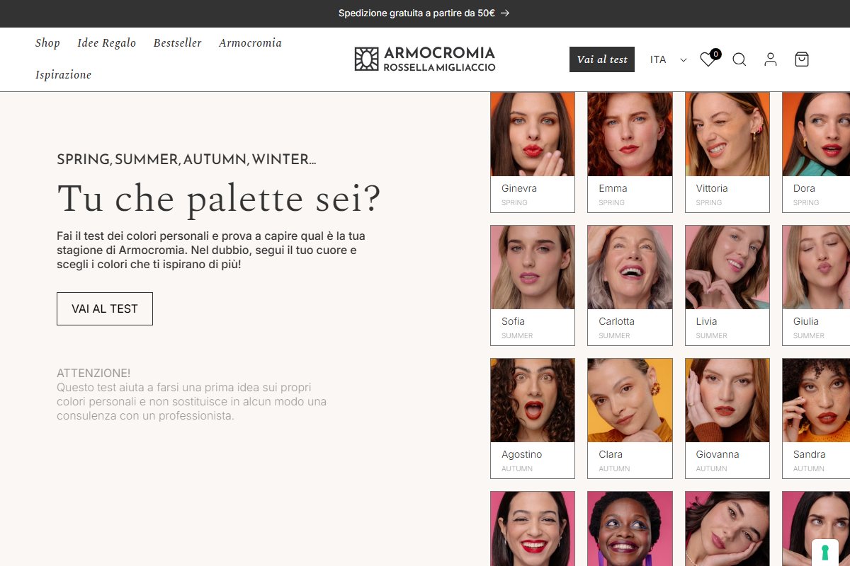 Interfaccia dell'Armocromia App di Rossella Migliaccio che mostra il test cromatico, body shape e forma del viso